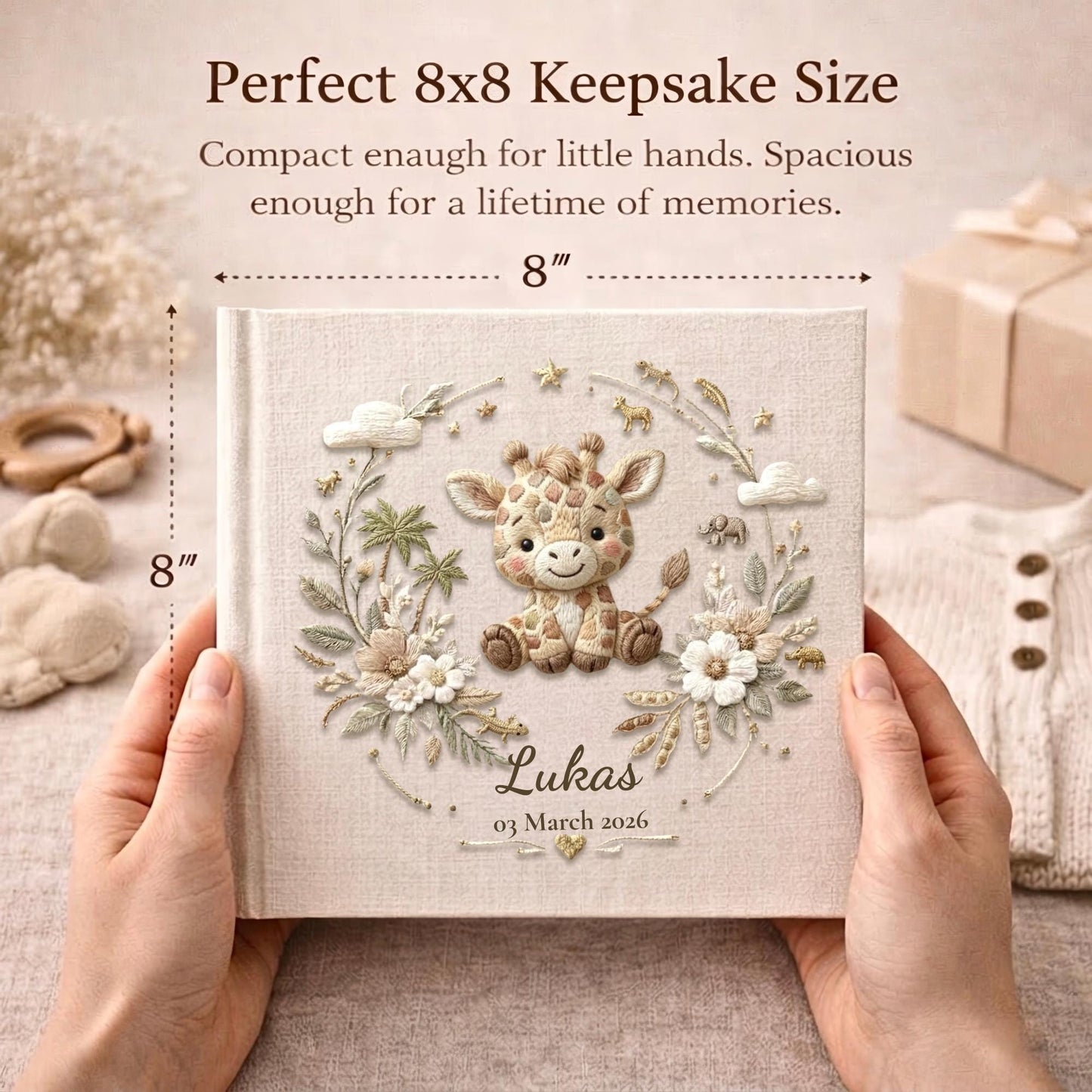 Personalized giraffe baby album with custom name and birth date. A safari nursery keepsake memory book for newborn milestones.