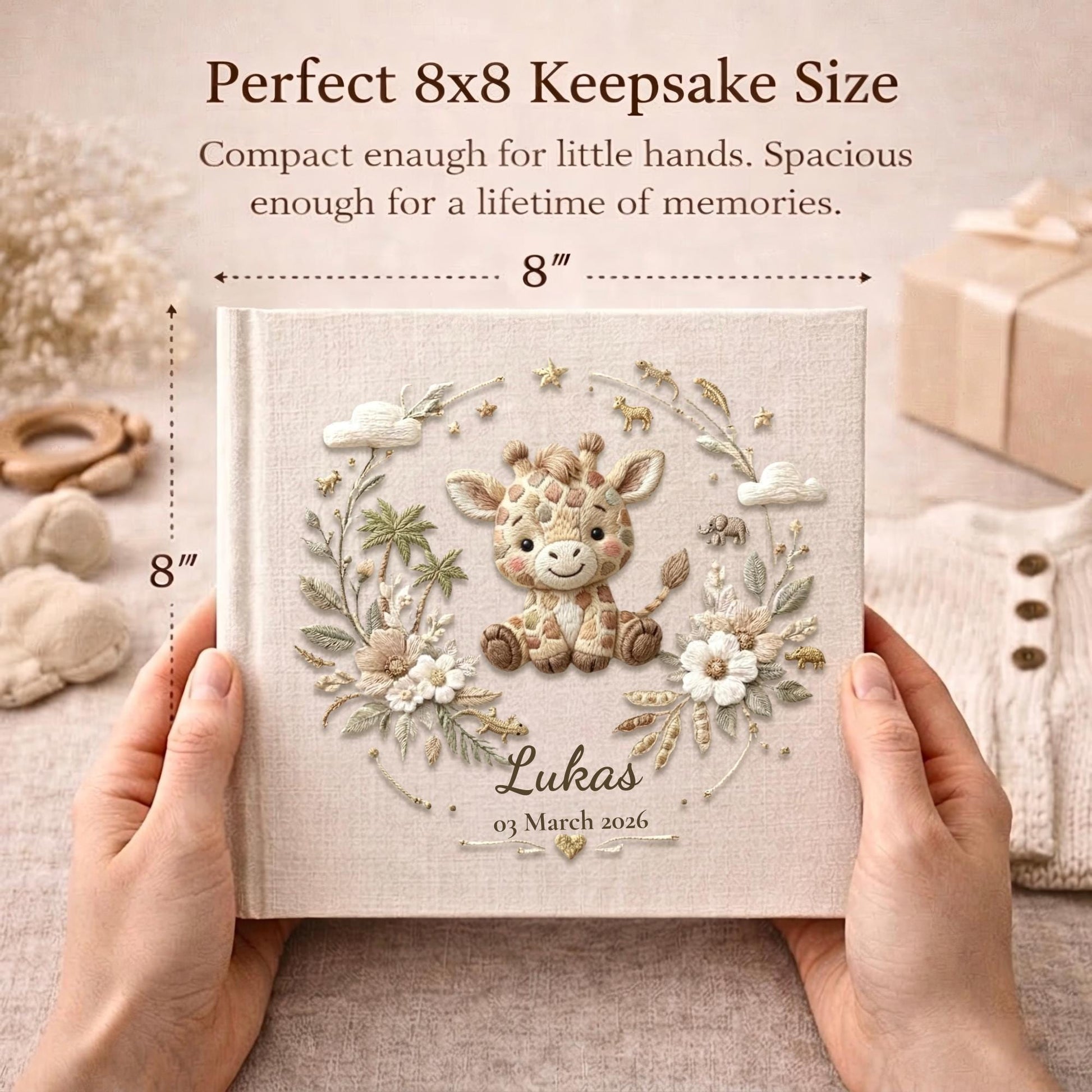 Personalized giraffe baby album with custom name and birth date. A safari nursery keepsake memory book for newborn milestones.
