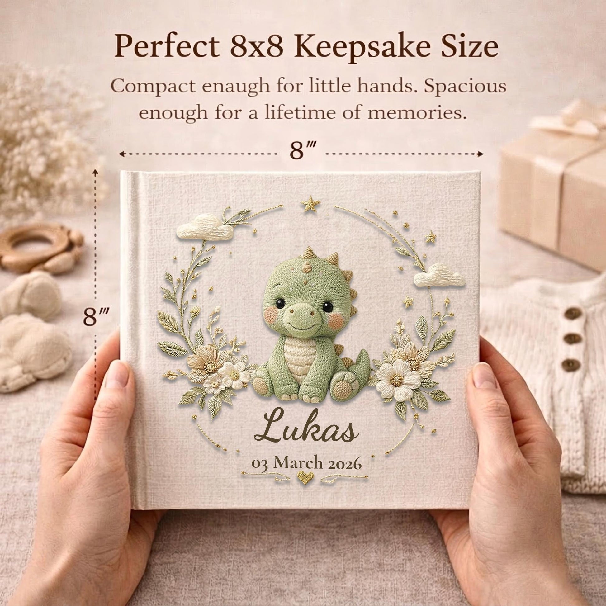 Personalized dinosaur baby memory book with name and birth date. A playful dino nursery photo album for baby memories and milestones.