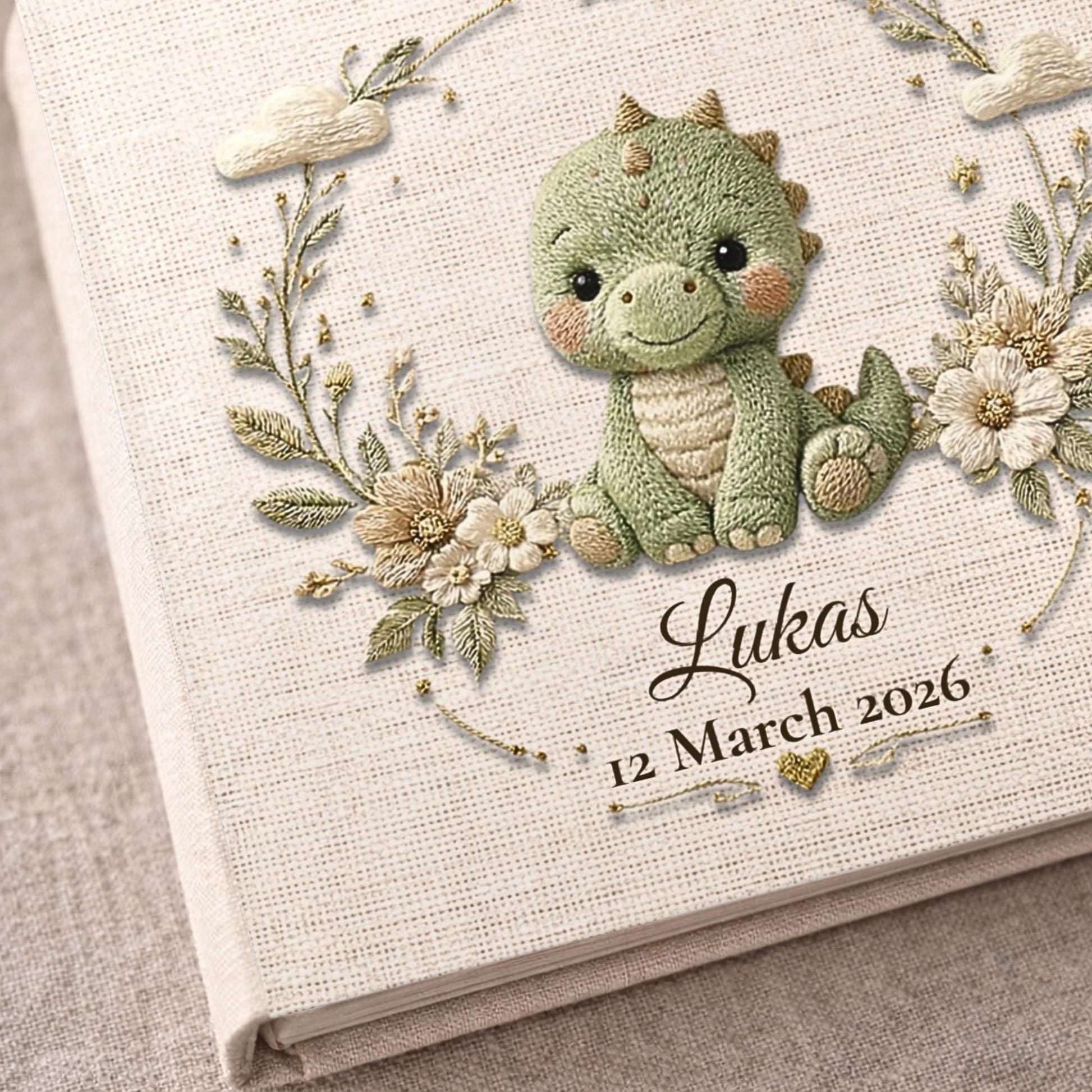 Personalized dinosaur baby memory book with name and birth date. A playful dino nursery photo album for baby memories and milestones.
