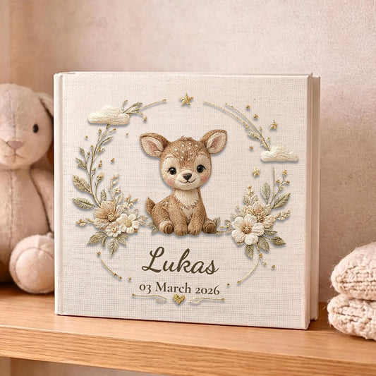 Personalized woodland deer baby memory book with name and birth date. A forest nursery photo album for baby memories.