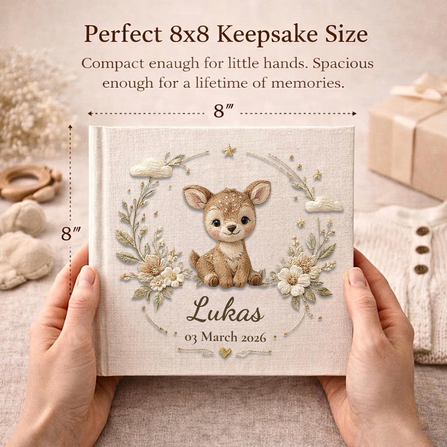 Personalized woodland deer baby memory book with name and birth date. A forest nursery photo album for baby memories.