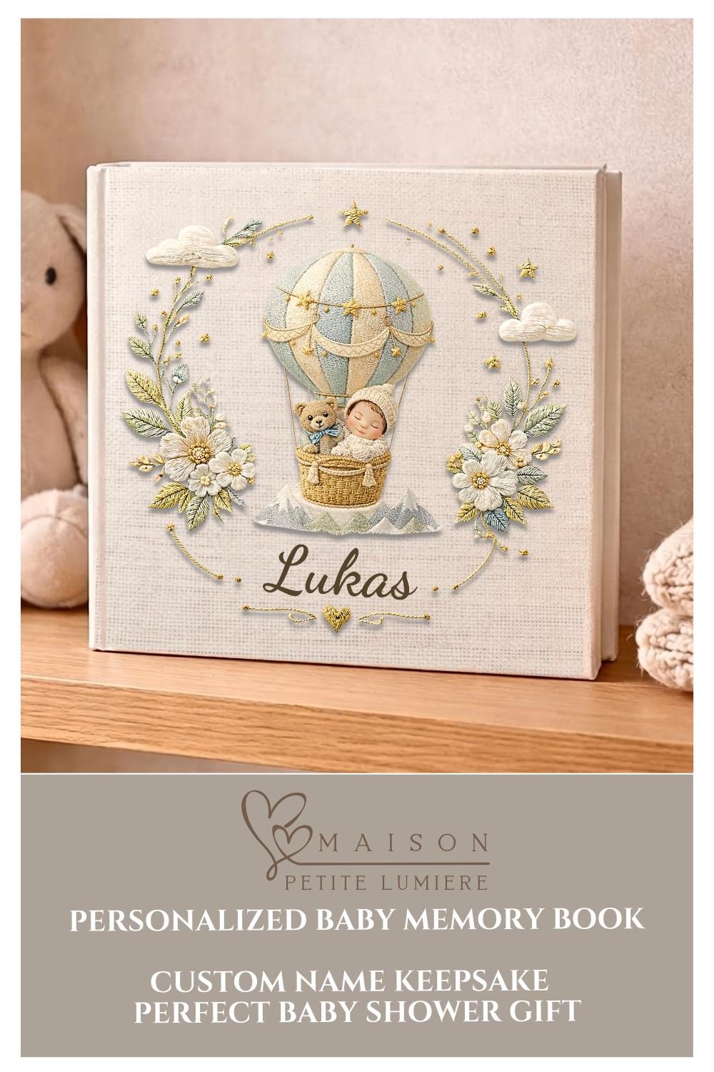 Personalized hot air balloon baby memory book with name. A dreamy adventure nursery photo album.
