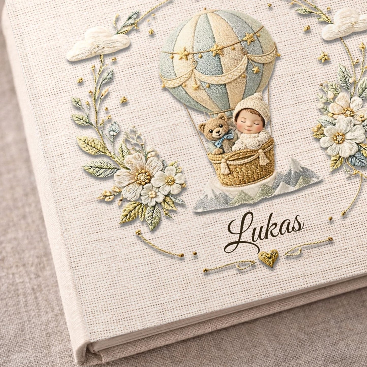 Personalized hot air balloon baby memory book with name. A dreamy adventure nursery photo album.