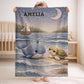 Sail away to sweet dreams! Personalized ocean baby blanket with whale and sea turtle in a soft nautical quilt-look design. A perfect coastal nursery gift.