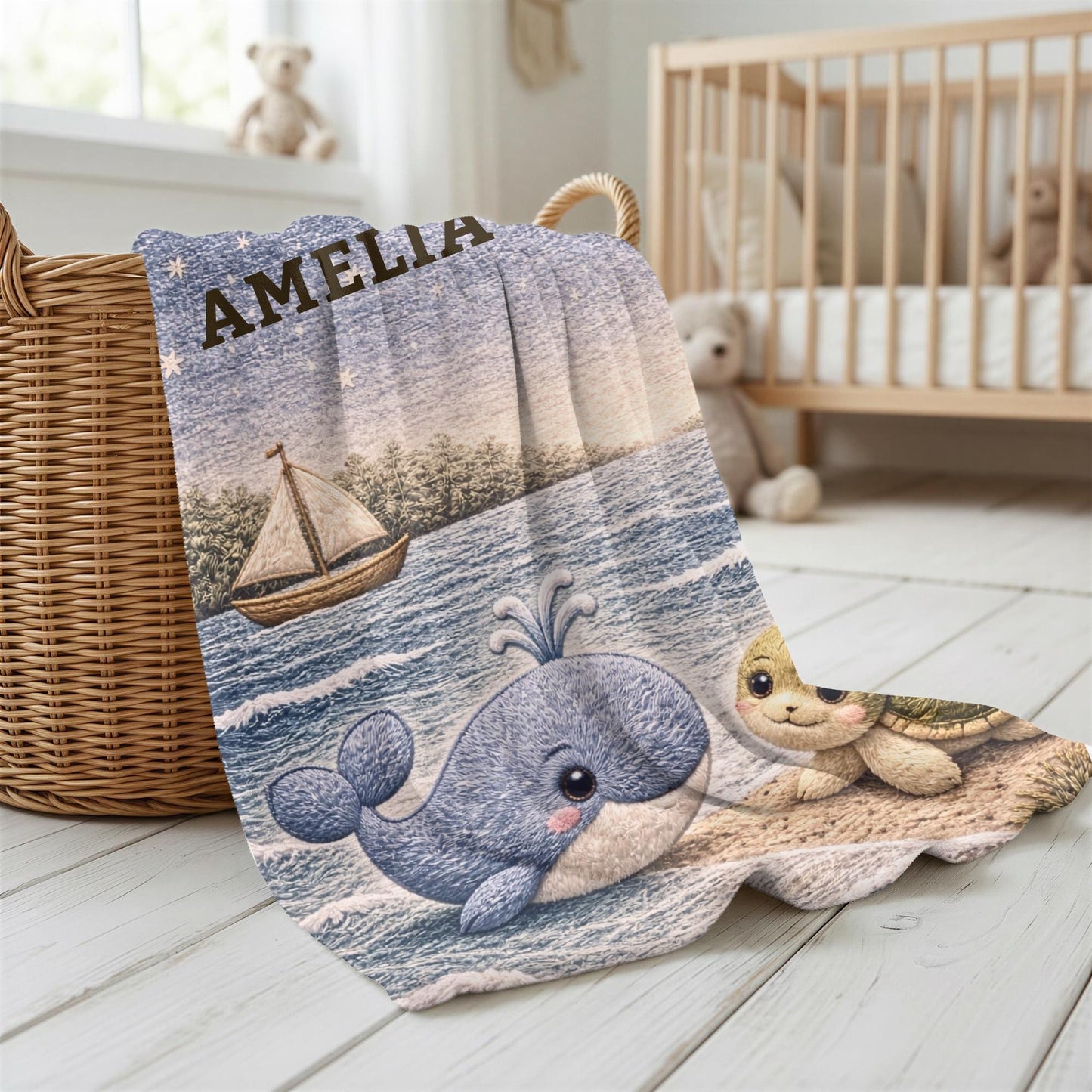 Sail away to sweet dreams! Personalized ocean baby blanket with whale and sea turtle in a soft nautical quilt-look design. A perfect coastal nursery gift.