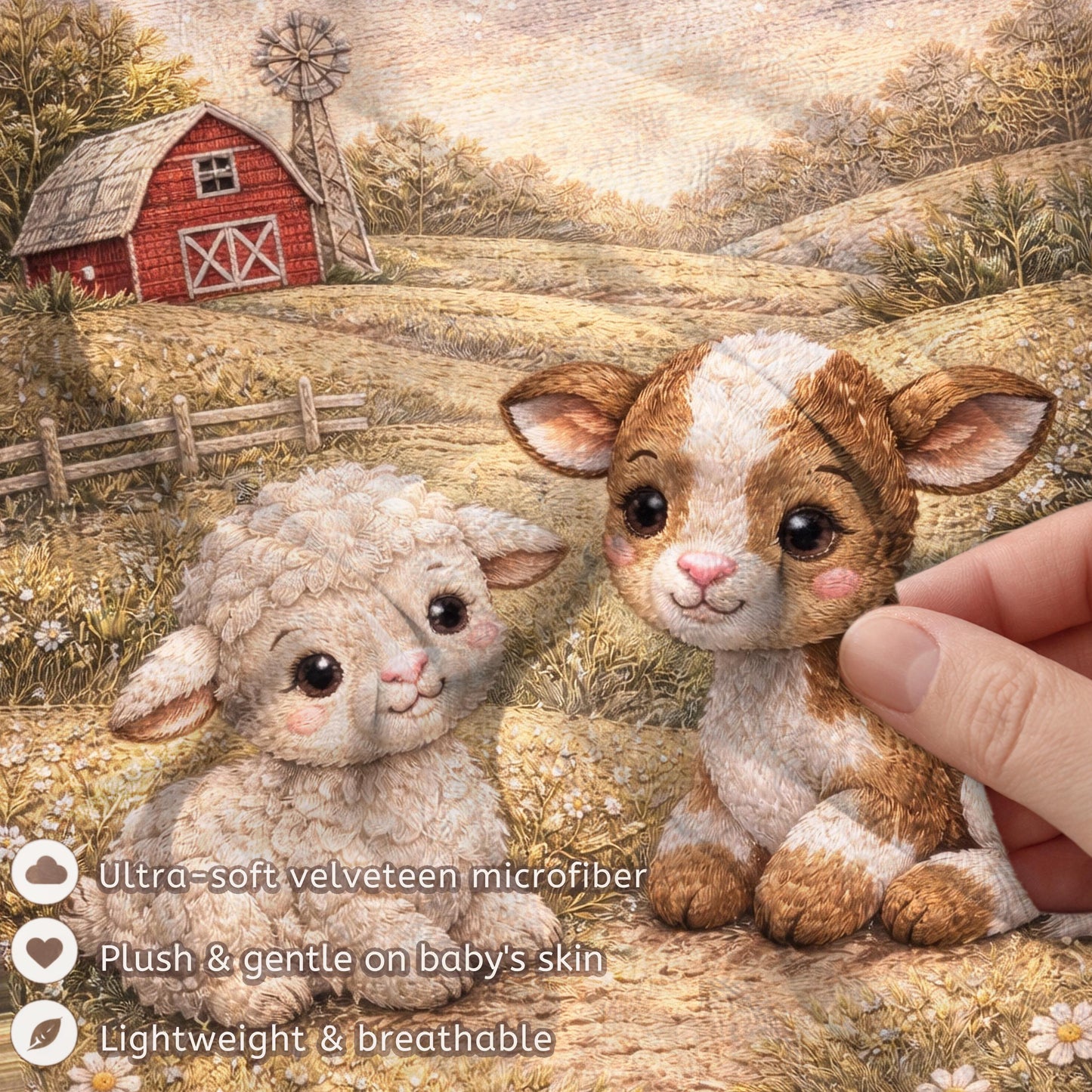 Sweet little farm friends! Personalized pink barnyard baby blanket with pig and chick in a soft quilt look design. A charming baby girl gift.