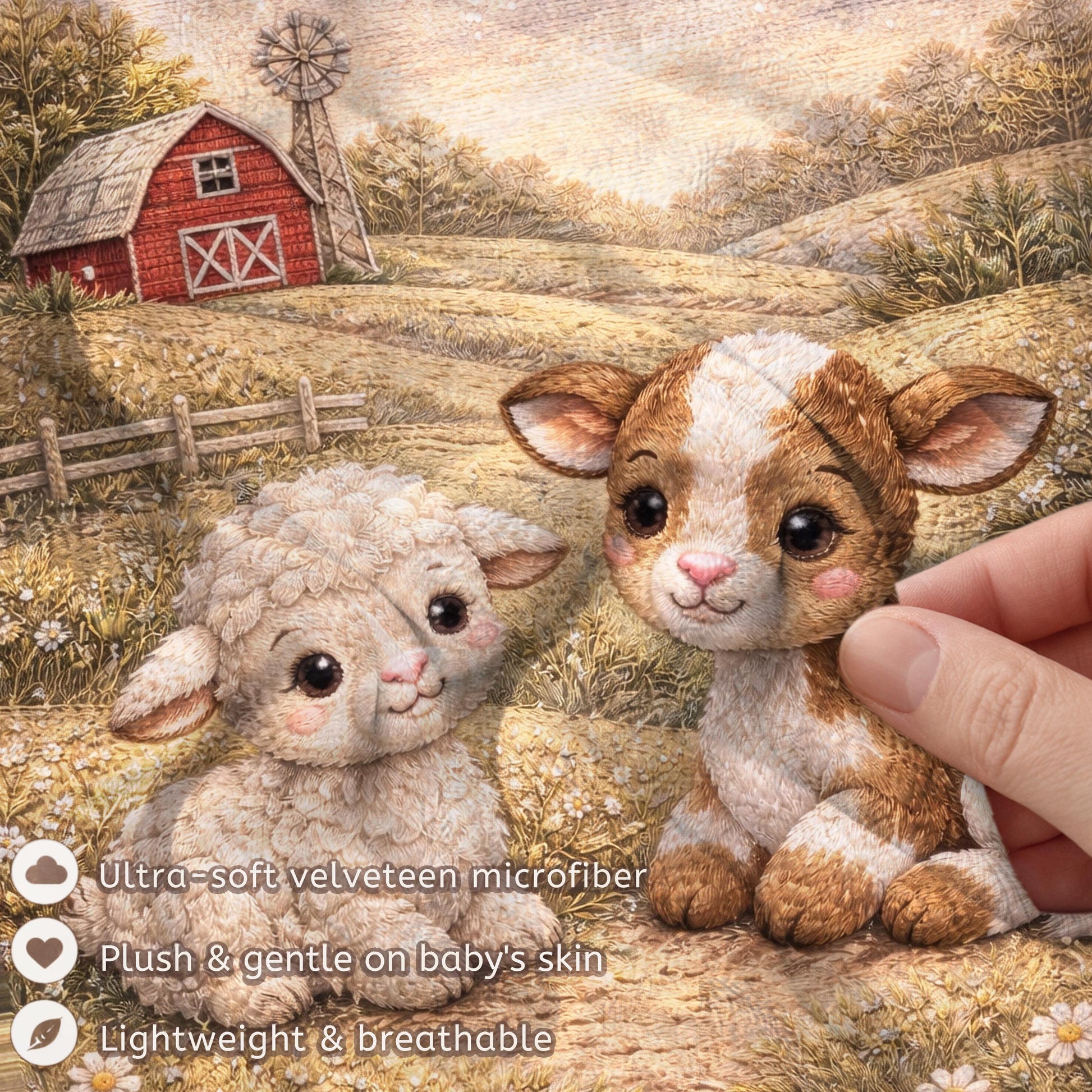 Sweet little farm friends! Personalized pink barnyard baby blanket with pig and chick in a soft quilt look design. A charming baby girl gift.