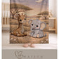 Drift into peaceful dreams beneath the savanna moon. Personalized giraffe and elephant baby blanket in a soft moonlit quilt look embroidery design.