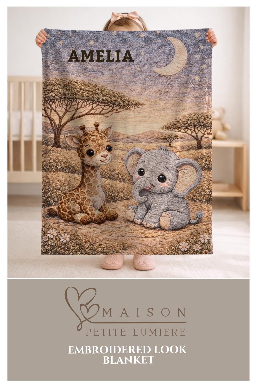 Drift into peaceful dreams beneath the savanna moon. Personalized giraffe and elephant baby blanket in a soft moonlit quilt look embroidery design.