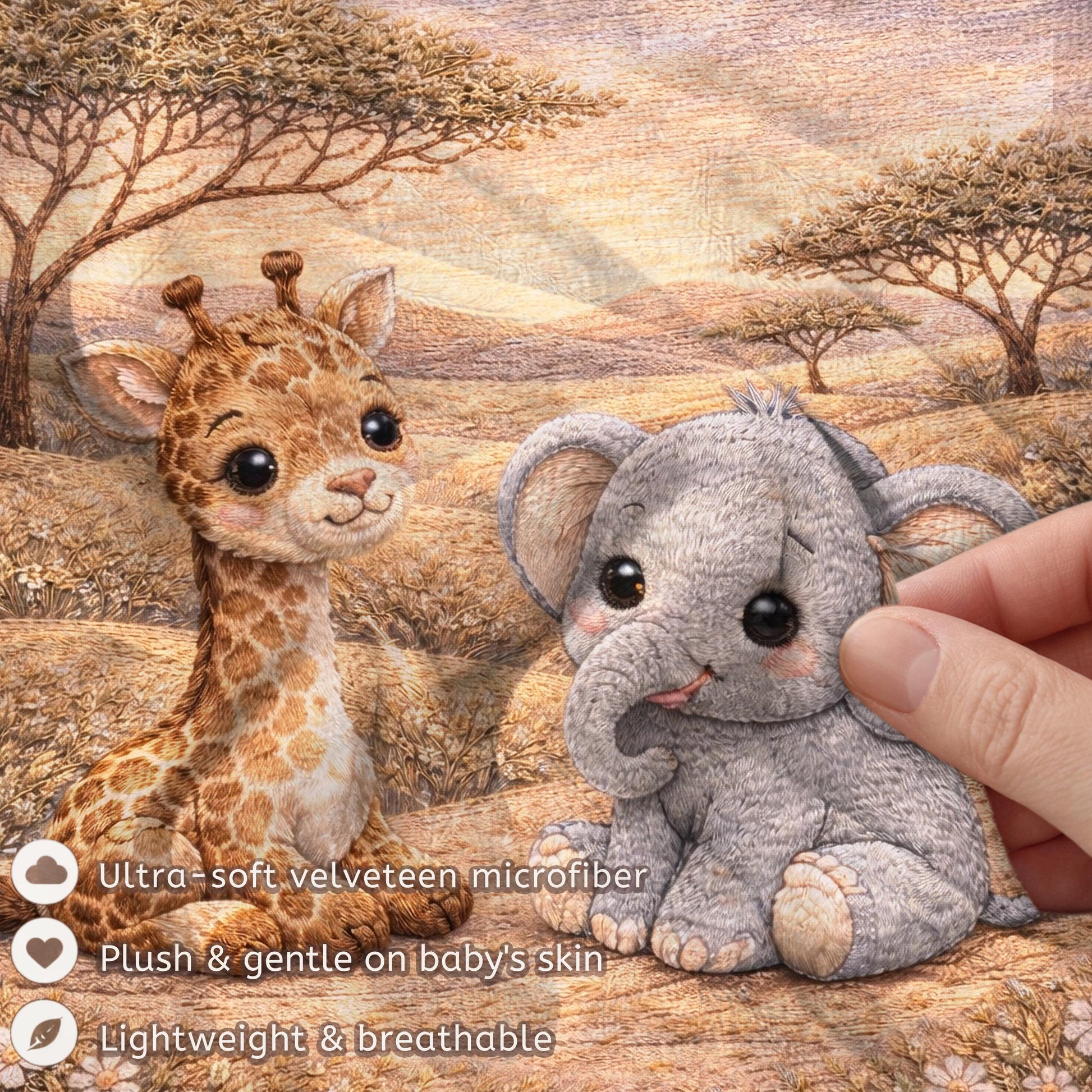 Drift into peaceful dreams beneath the savanna moon. Personalized giraffe and elephant baby blanket in a soft moonlit quilt look embroidery design.