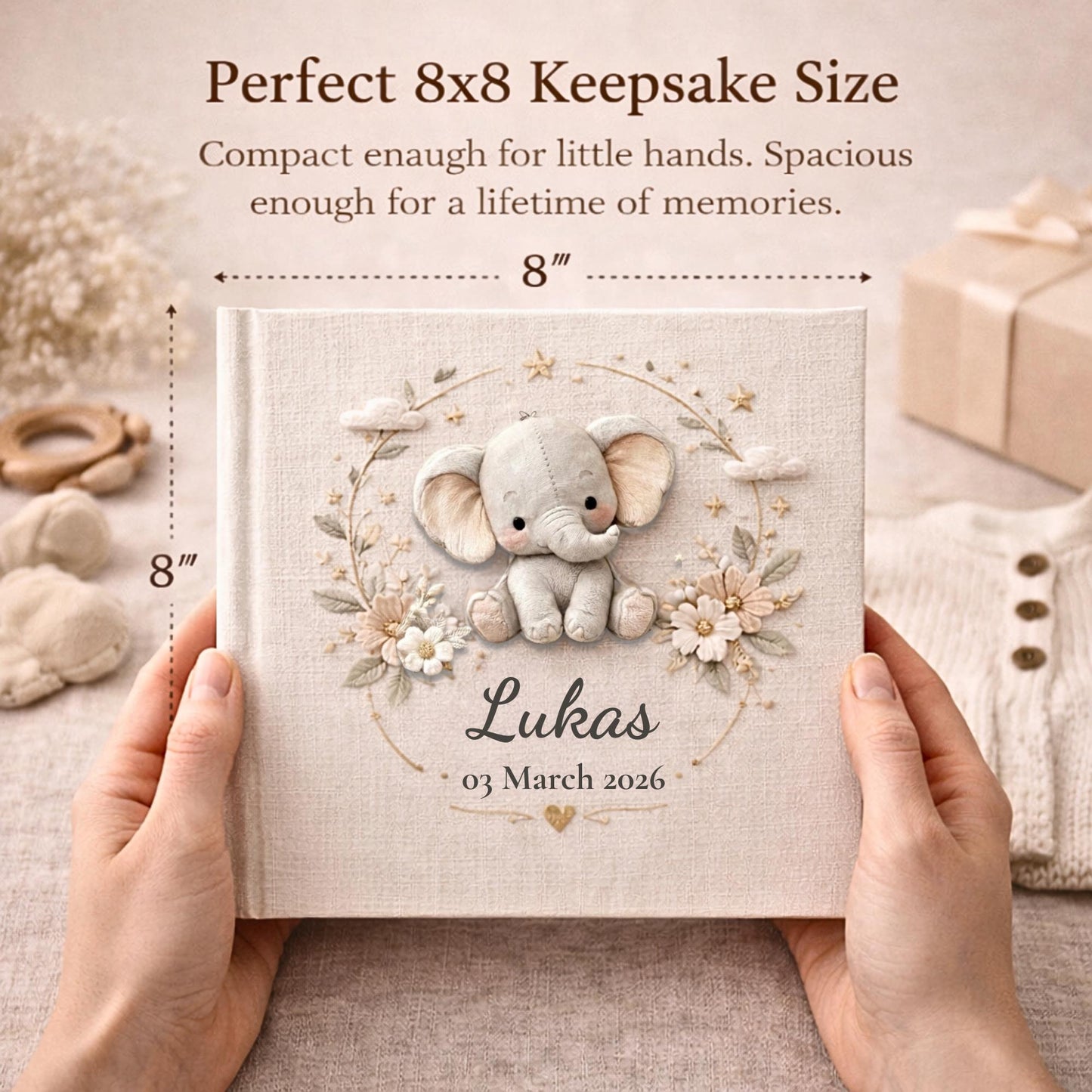 Personalized floral elephant baby album 8x8 with custom name and date. A neutral nursery memory book and timeless newborn keepsake gift.