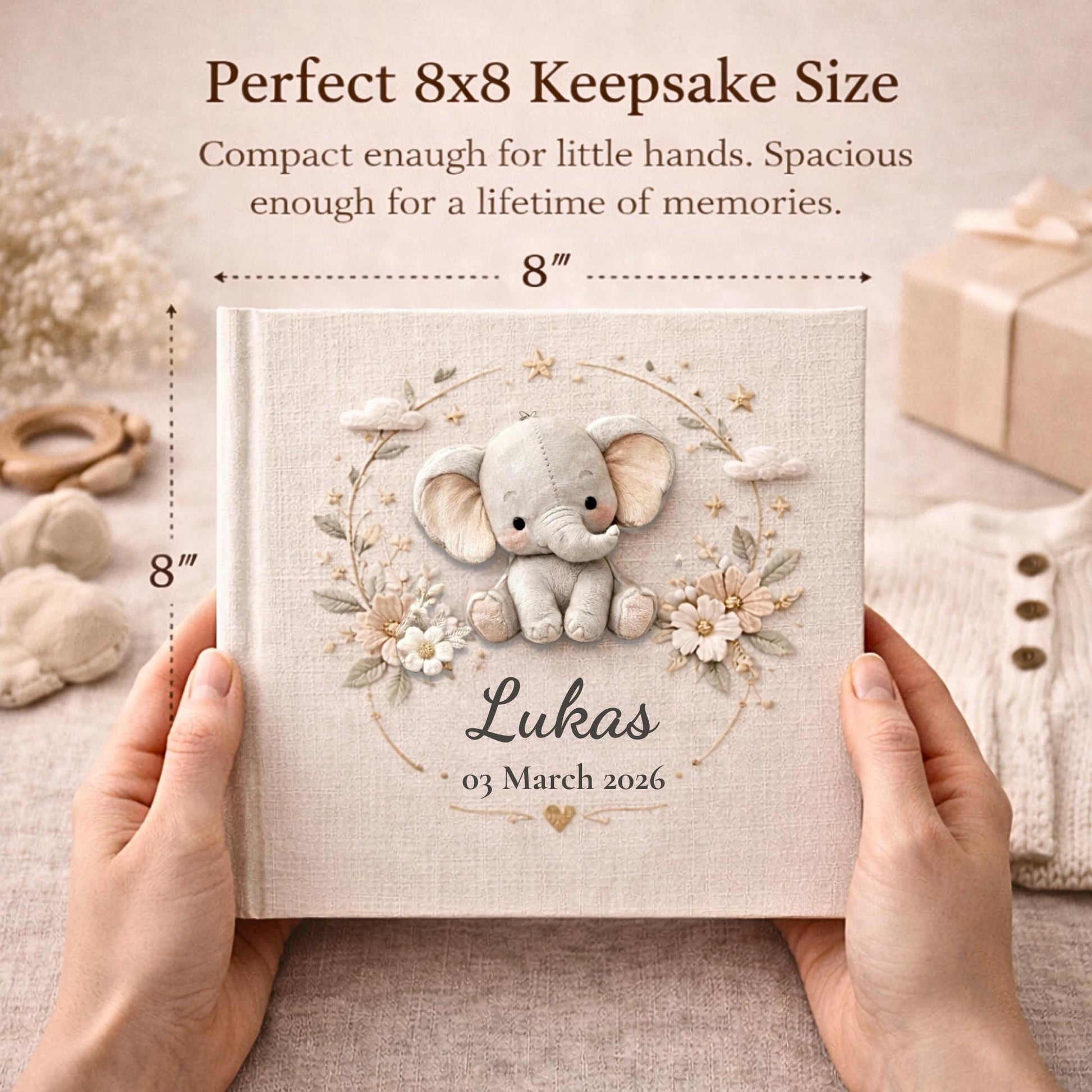 Personalized floral elephant baby album 8x8 with custom name and date. A neutral nursery memory book and timeless newborn keepsake gift.