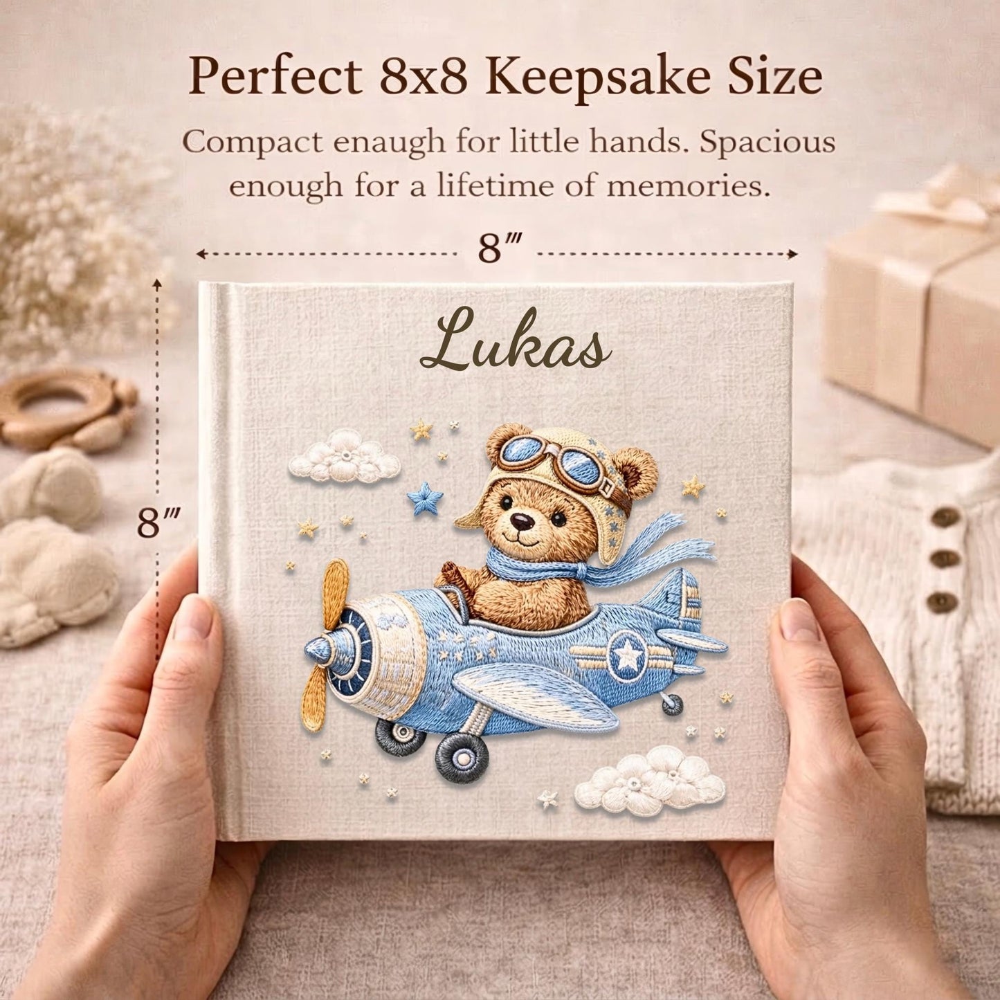 Personalized teddy bear airplane baby memory book with name and birth date. A soft aviation nursery album for first memories and milestones.