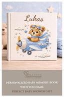 Personalized teddy bear airplane baby memory book with name and birth date. A soft aviation nursery album for first memories and milestones.