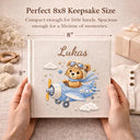 Personalized teddy bear airplane baby memory book with name and birth date. A soft aviation nursery album for first memories and milestones.