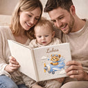 Personalized teddy bear airplane baby memory book with name and birth date. A soft aviation nursery album for first memories and milestones.