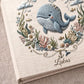 Personalized ocean themed whale baby album 8x8 with custom name. A calm nautical nursery memory book and timeless newborn keepsake.