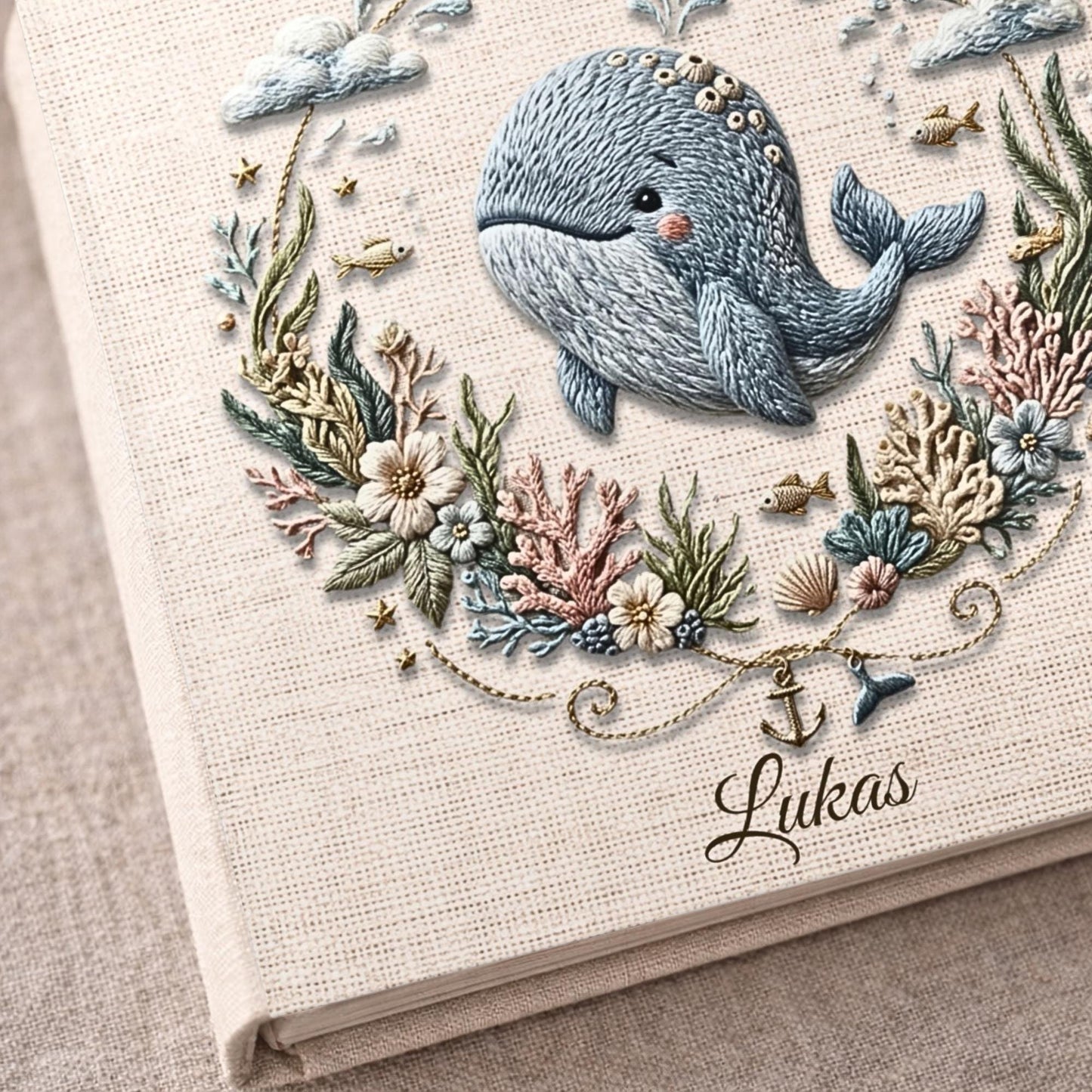 Personalized ocean themed whale baby album 8x8 with custom name. A calm nautical nursery memory book and timeless newborn keepsake.