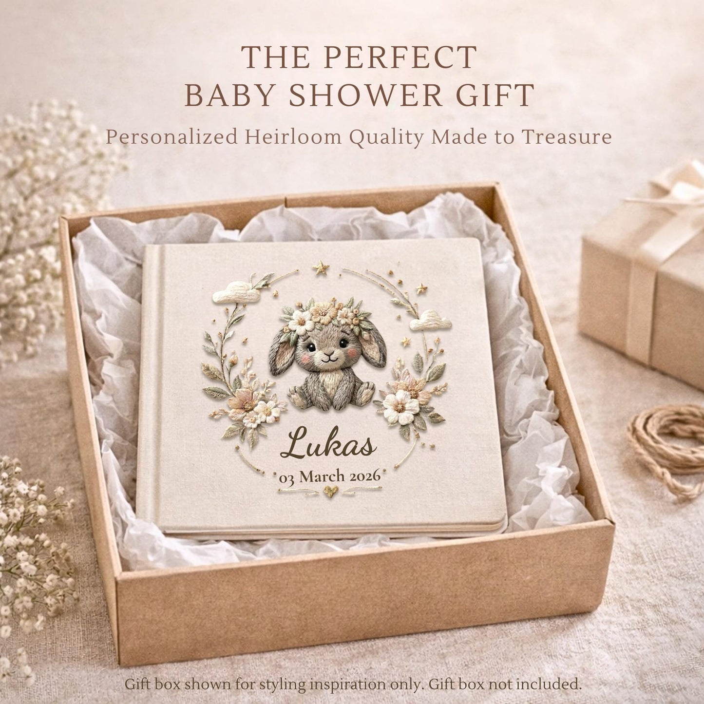 Personalized bunny baby album with floral crown and custom name. A soft neutral nursery memory book and timeless newborn keepsake.