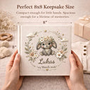 Personalized bunny baby album with floral crown and custom name. A soft neutral nursery memory book and timeless newborn keepsake.