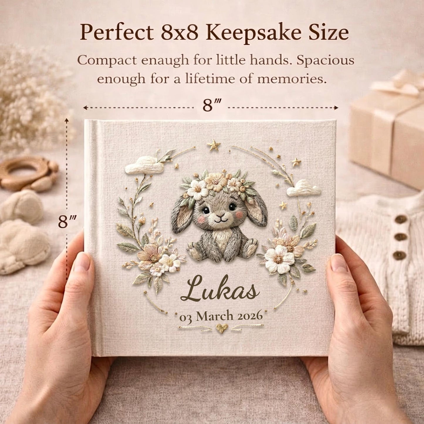 Personalized bunny baby album with floral crown and custom name. A soft neutral nursery memory book and timeless newborn keepsake.