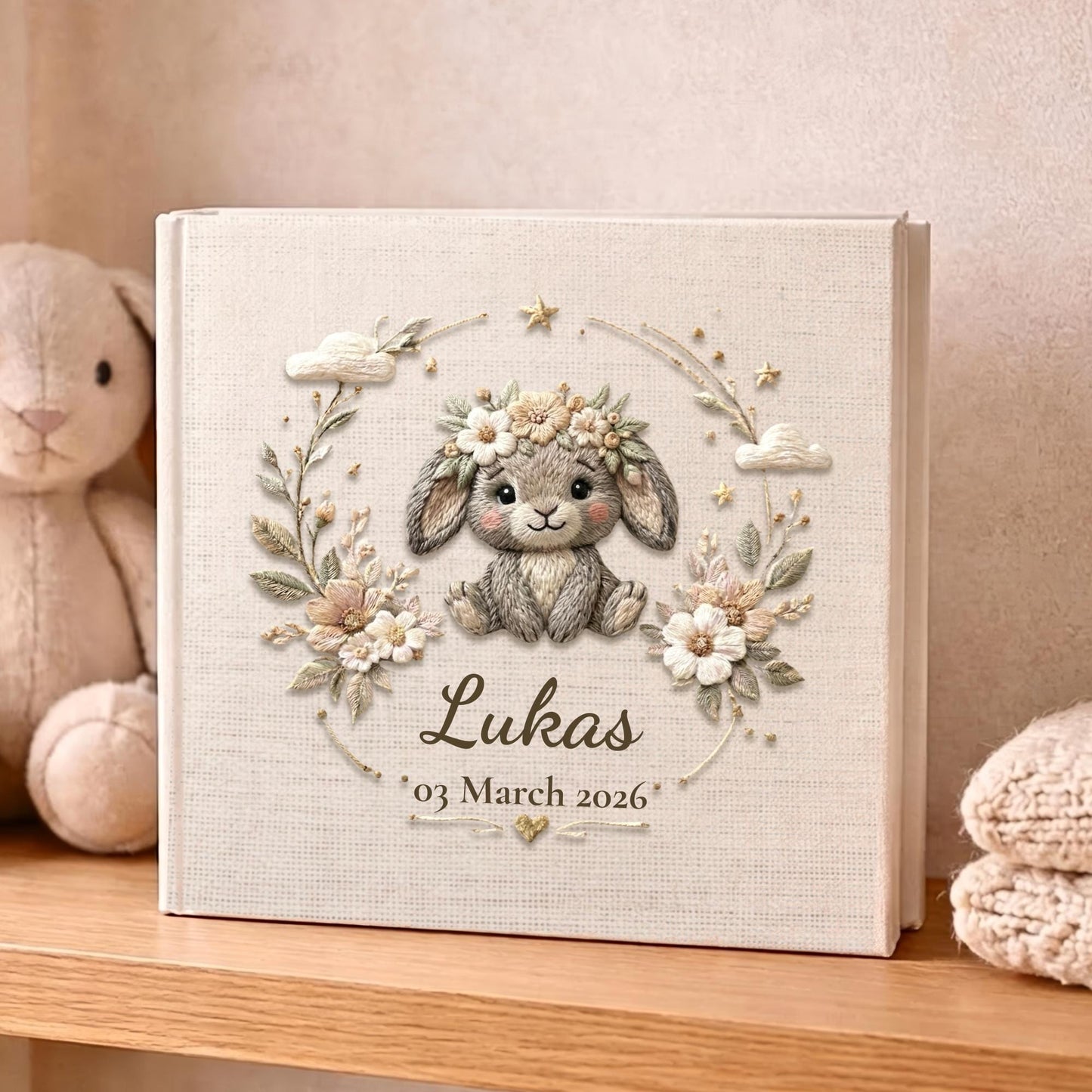 Personalized bunny baby album with floral crown and custom name. A soft neutral nursery memory book and timeless newborn keepsake.