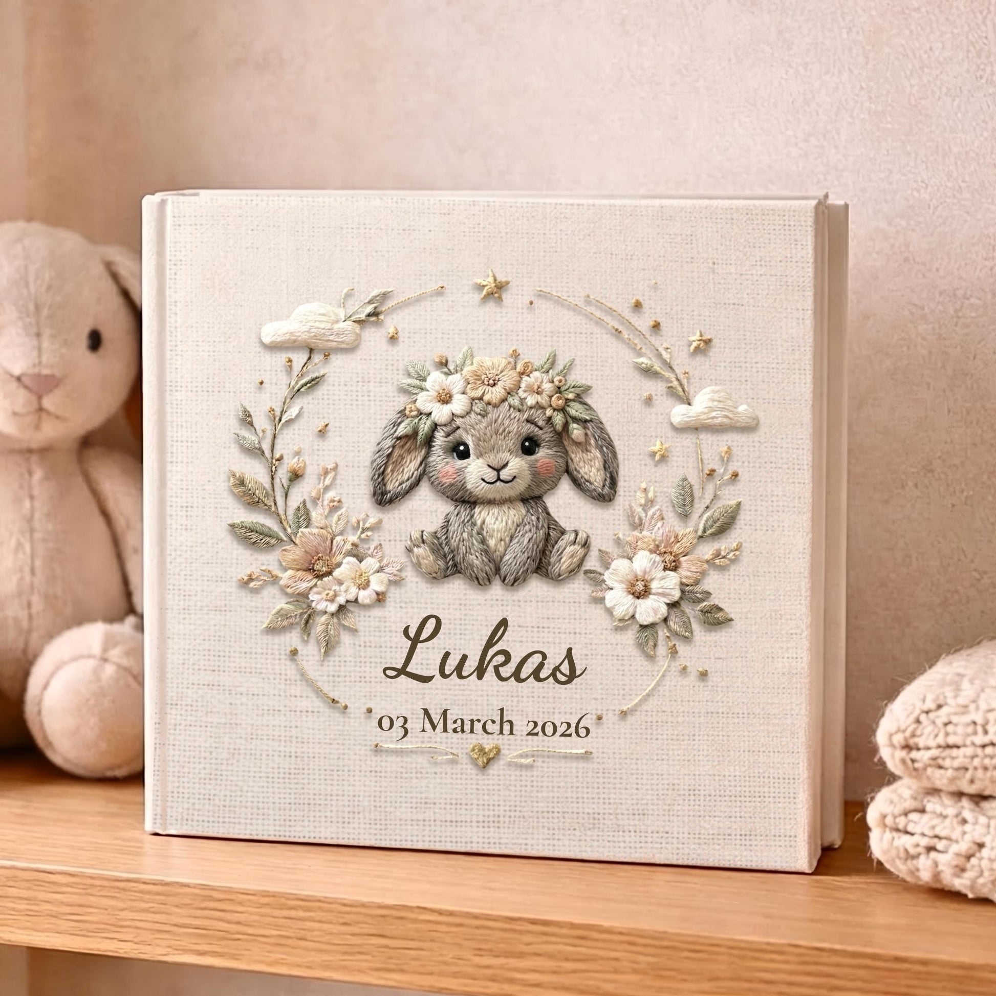 Personalized bunny baby album with floral crown and custom name. A soft neutral nursery memory book and timeless newborn keepsake.