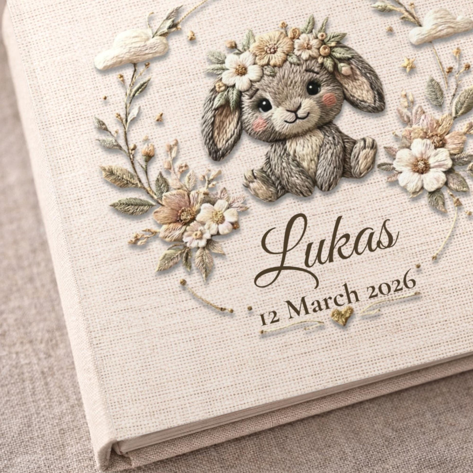 Personalized bunny baby album with floral crown and custom name. A soft neutral nursery memory book and timeless newborn keepsake.