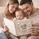Personalized bunny baby album with floral crown and custom name. A soft neutral nursery memory book and timeless newborn keepsake.