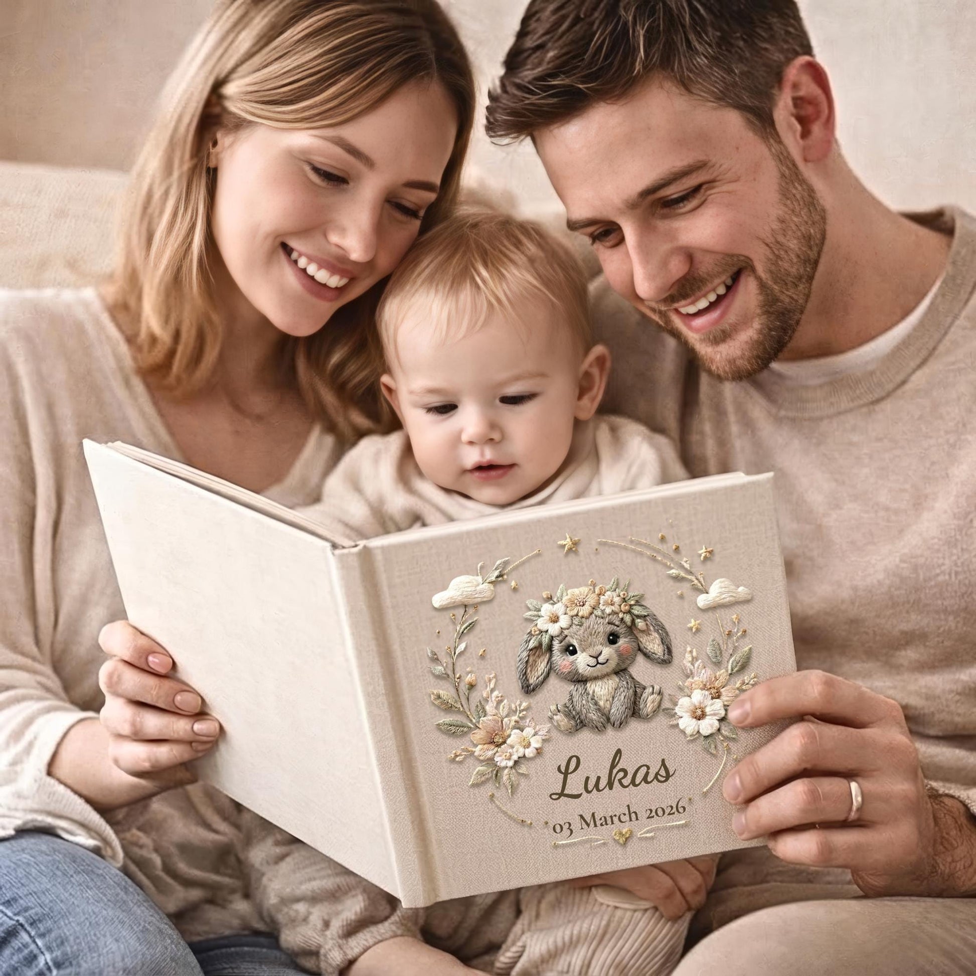 Personalized bunny baby album with floral crown and custom name. A soft neutral nursery memory book and timeless newborn keepsake.