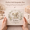 Personalized safari lion baby album with custom name and date. A warm jungle nursery memory book and newborn keepsake.