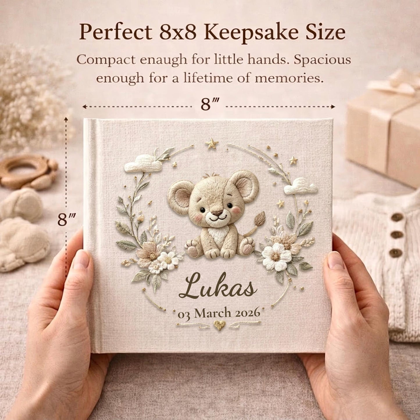 Personalized safari lion baby album with custom name and date. A warm jungle nursery memory book and newborn keepsake.