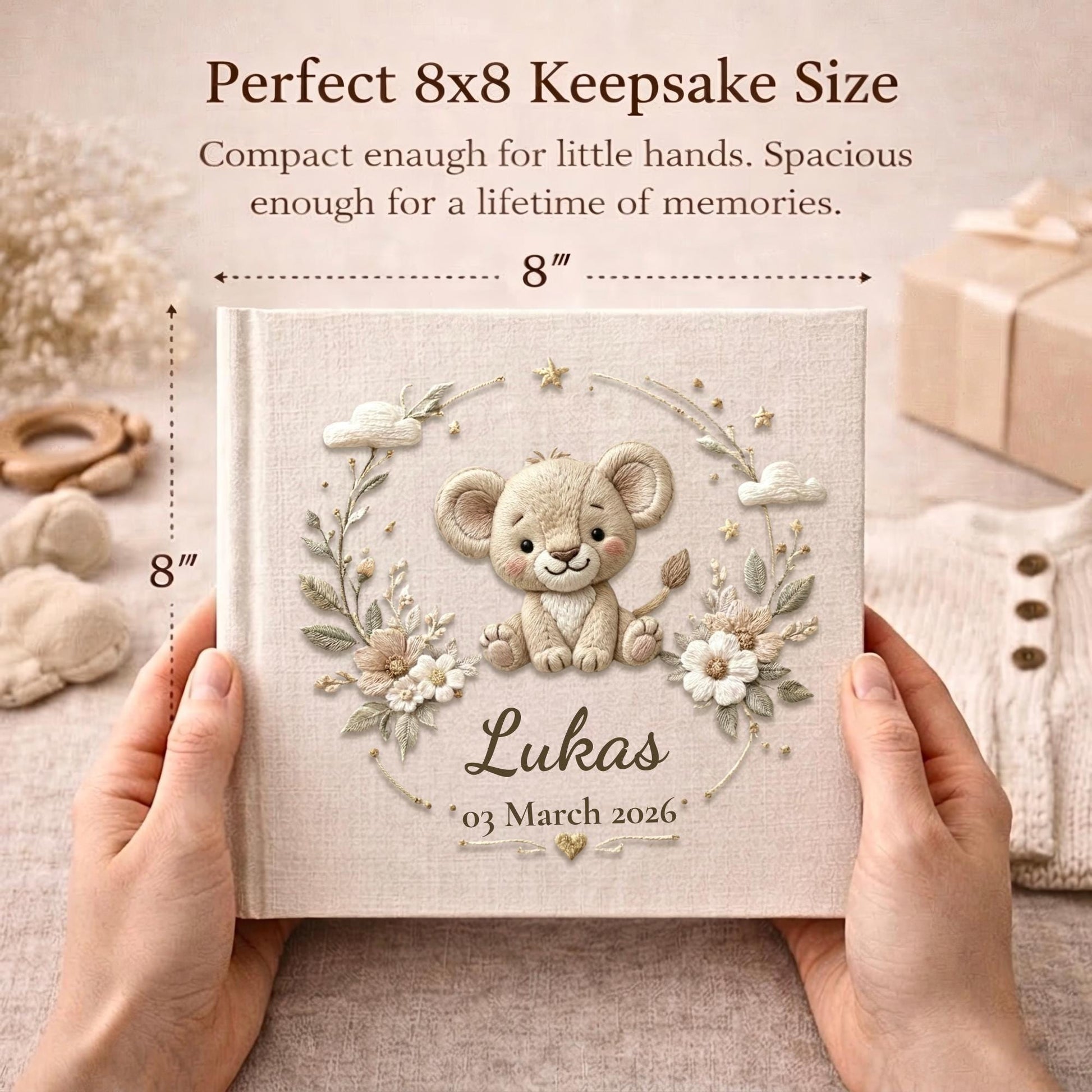 Personalized safari lion baby album with custom name and date. A warm jungle nursery memory book and newborn keepsake.