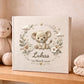 Personalized safari lion baby album with custom name and date. A warm jungle nursery memory book and newborn keepsake.