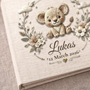 Personalized safari lion baby album with custom name and date. A warm jungle nursery memory book and newborn keepsake.