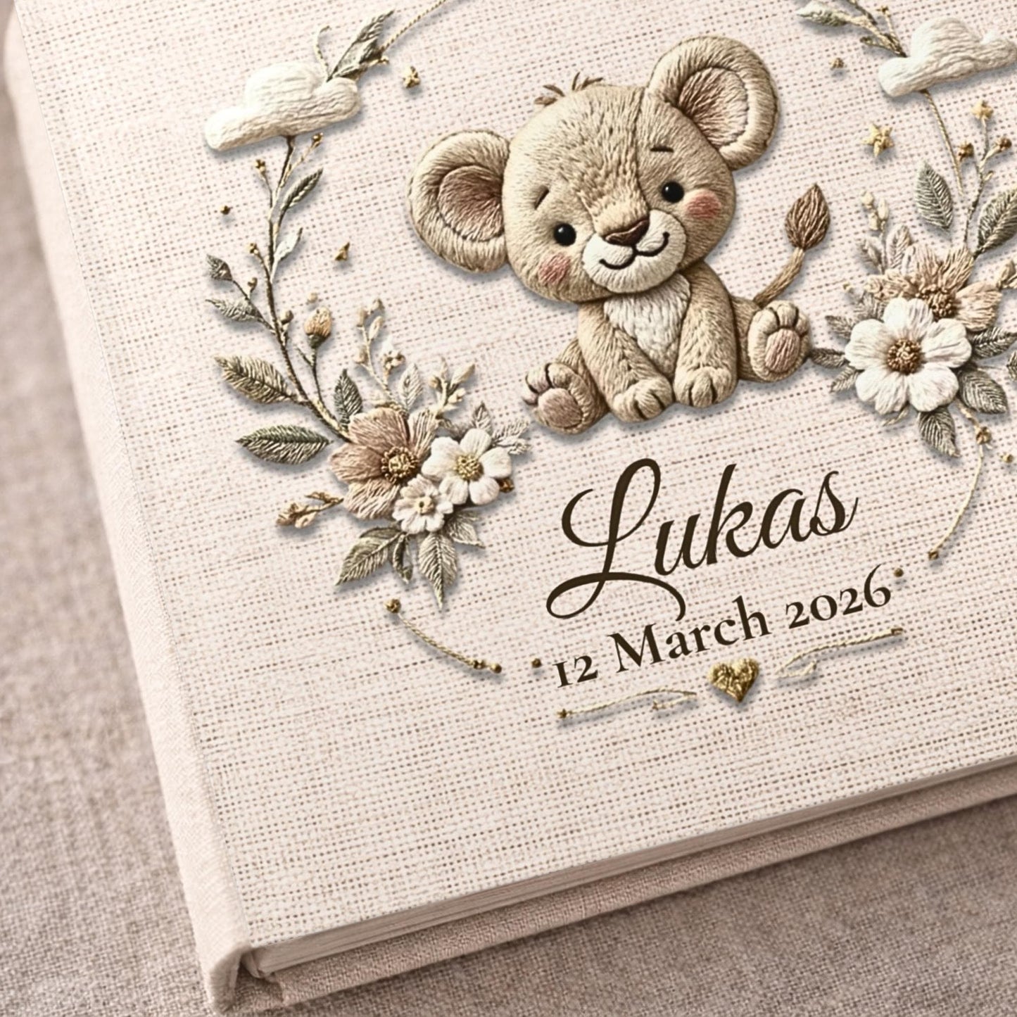Personalized safari lion baby album with custom name and date. A warm jungle nursery memory book and newborn keepsake.