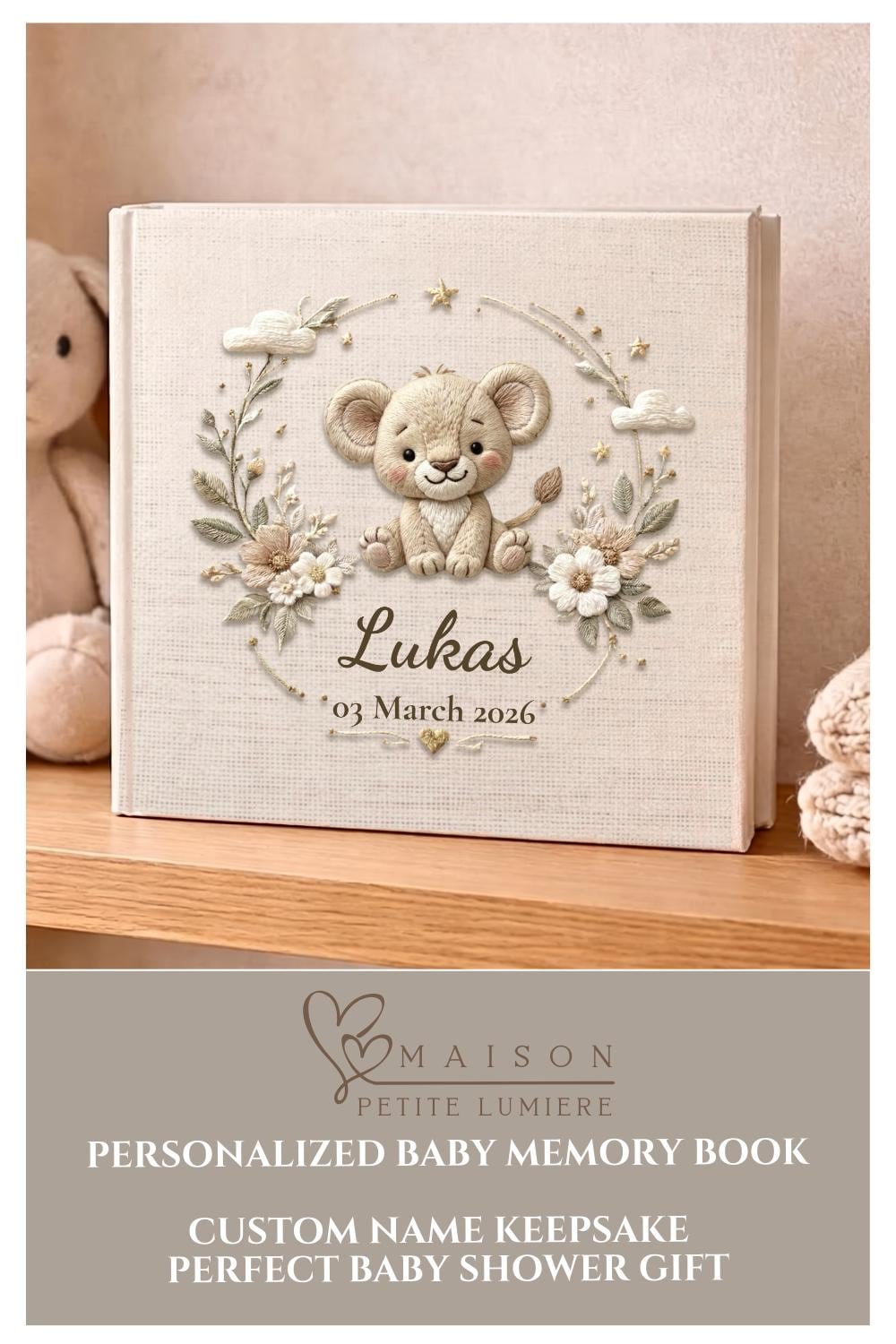 Personalized safari lion baby album with custom name and date. A warm jungle nursery memory book and newborn keepsake.