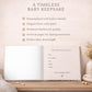 Personalized elephant baby memory album with hot air balloon design, custom name and optional birth date. A neutral nursery keepsake and timeless newborn photo book.