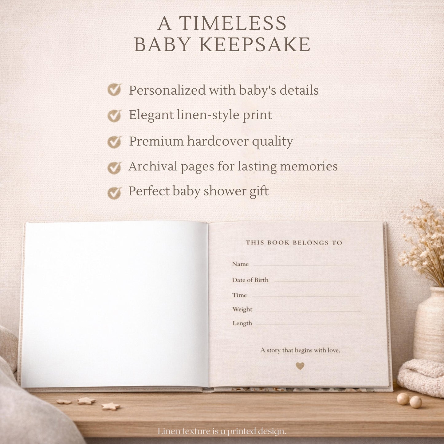 Personalized elephant baby memory album with hot air balloon design, custom name and optional birth date. A neutral nursery keepsake and timeless newborn photo book.