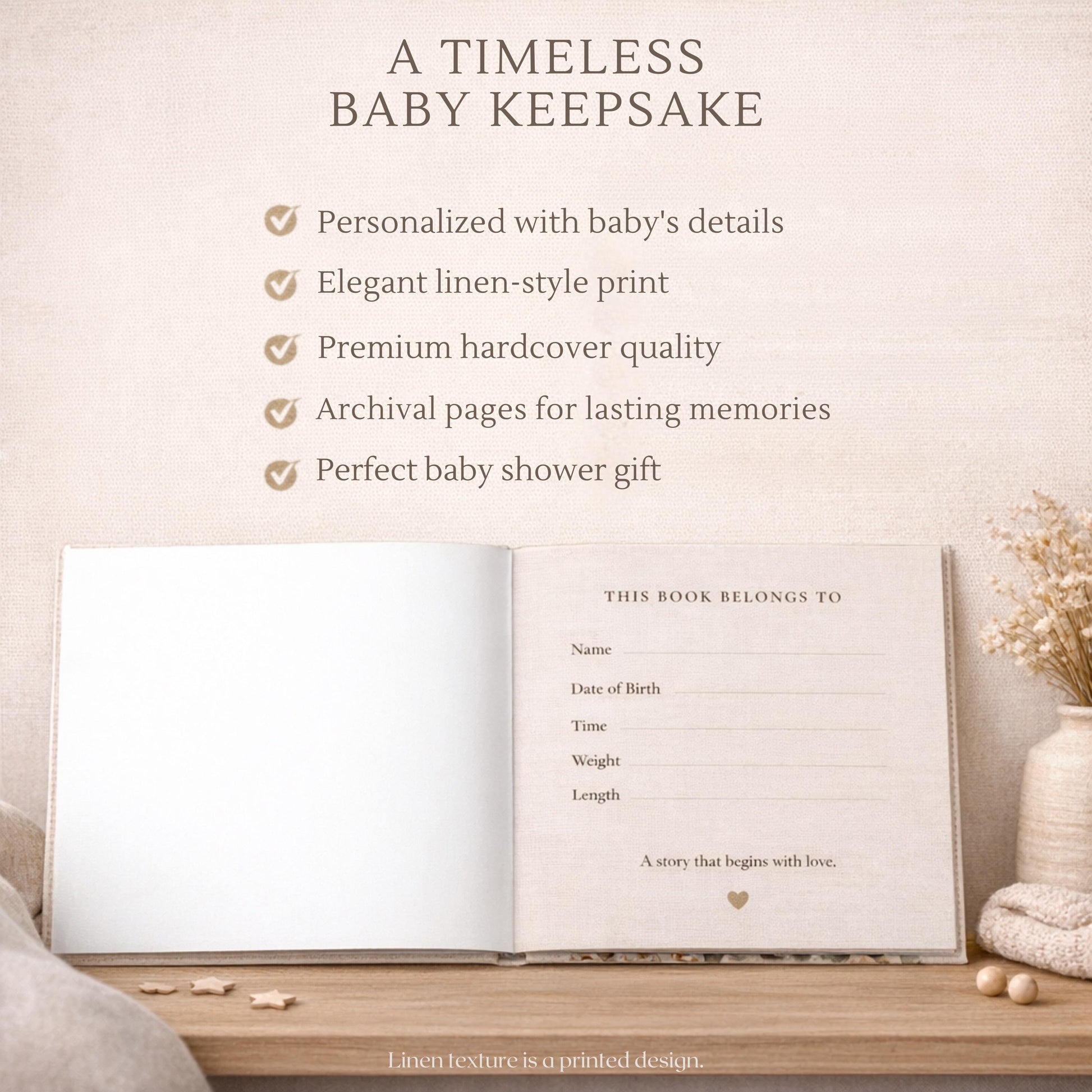 Personalized elephant baby memory album with hot air balloon design, custom name and optional birth date. A neutral nursery keepsake and timeless newborn photo book.