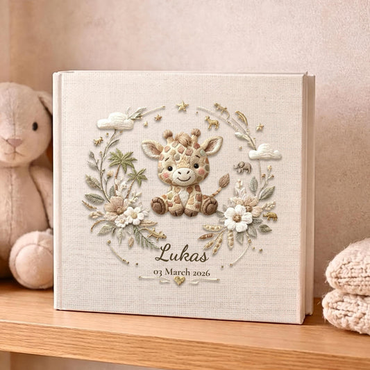 Personalized giraffe baby album with custom name and birth date. A safari nursery keepsake memory book for newborn milestones.