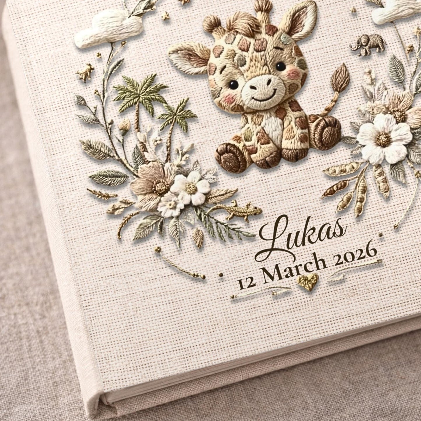 Personalized giraffe baby album with custom name and birth date. A safari nursery keepsake memory book for newborn milestones.