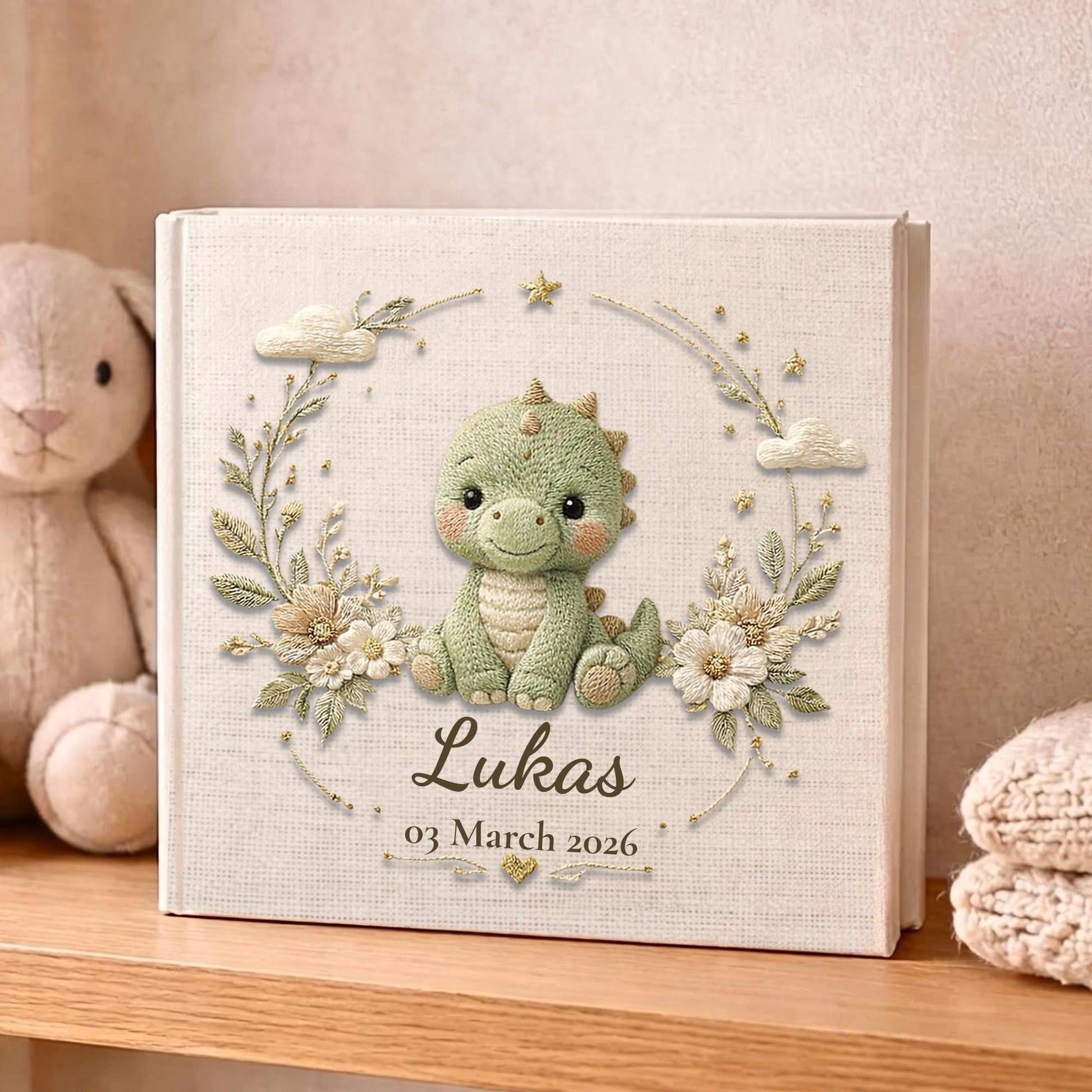 Personalized dinosaur baby memory book with name and birth date. A playful dino nursery photo album for baby memories and milestones.