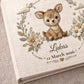 Personalized woodland deer baby memory book with name and birth date. A forest nursery photo album for baby memories.
