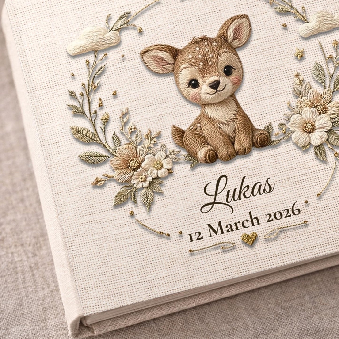 Personalized woodland deer baby memory book with name and birth date. A forest nursery photo album for baby memories.