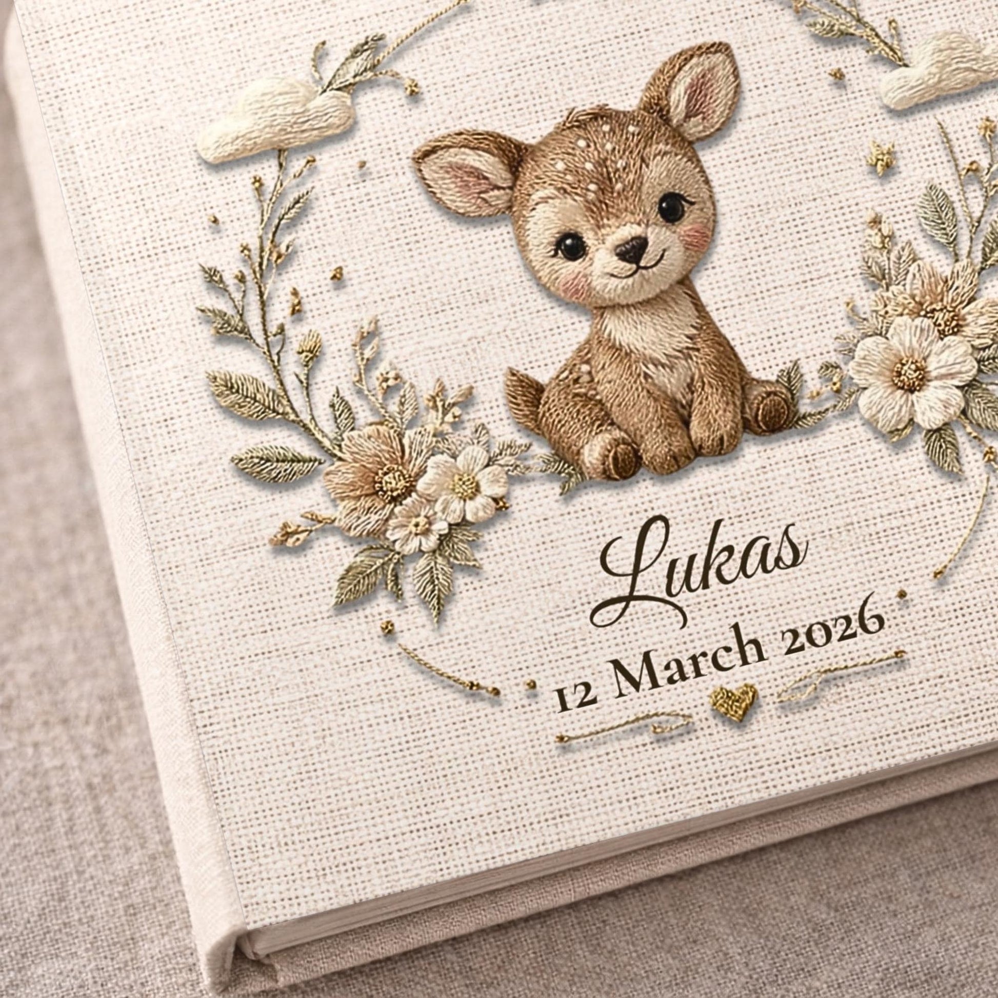 Personalized woodland deer baby memory book with name and birth date. A forest nursery photo album for baby memories.