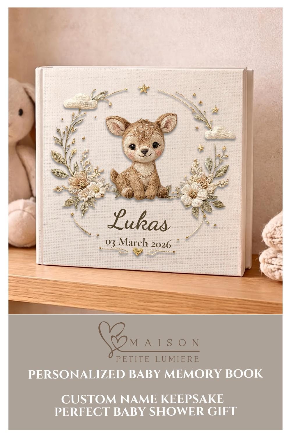 Personalized woodland deer baby memory book with name and birth date. A forest nursery photo album for baby memories.