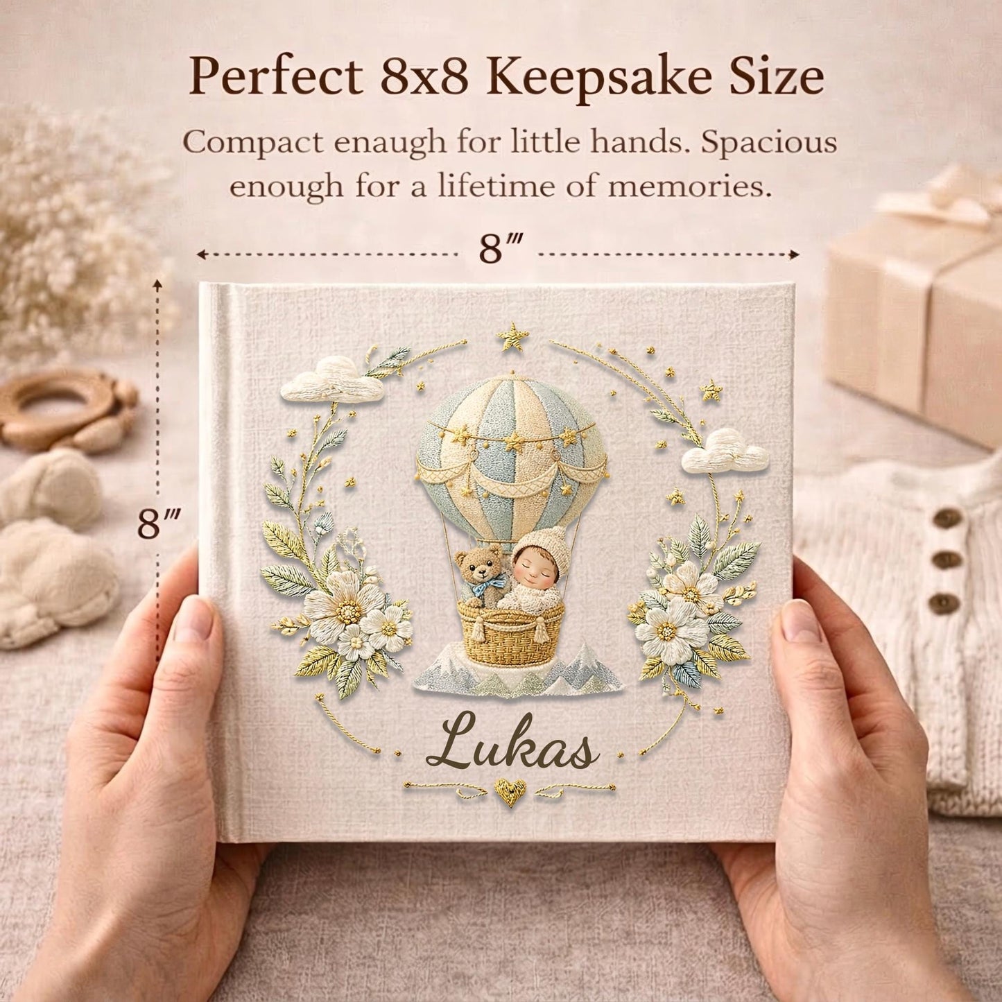 Personalized hot air balloon baby memory book with name. A dreamy adventure nursery photo album.