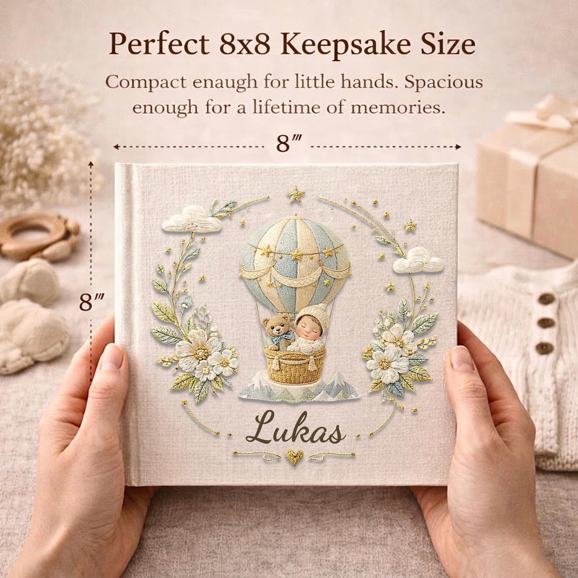 Personalized hot air balloon baby memory book with name. A dreamy adventure nursery photo album.